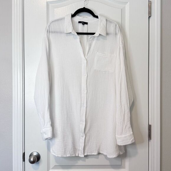 Lulus Easy To See White Oversized Button-Up Top Womens Size XL 100% Cotton Gauzy - Picture 1 of 10